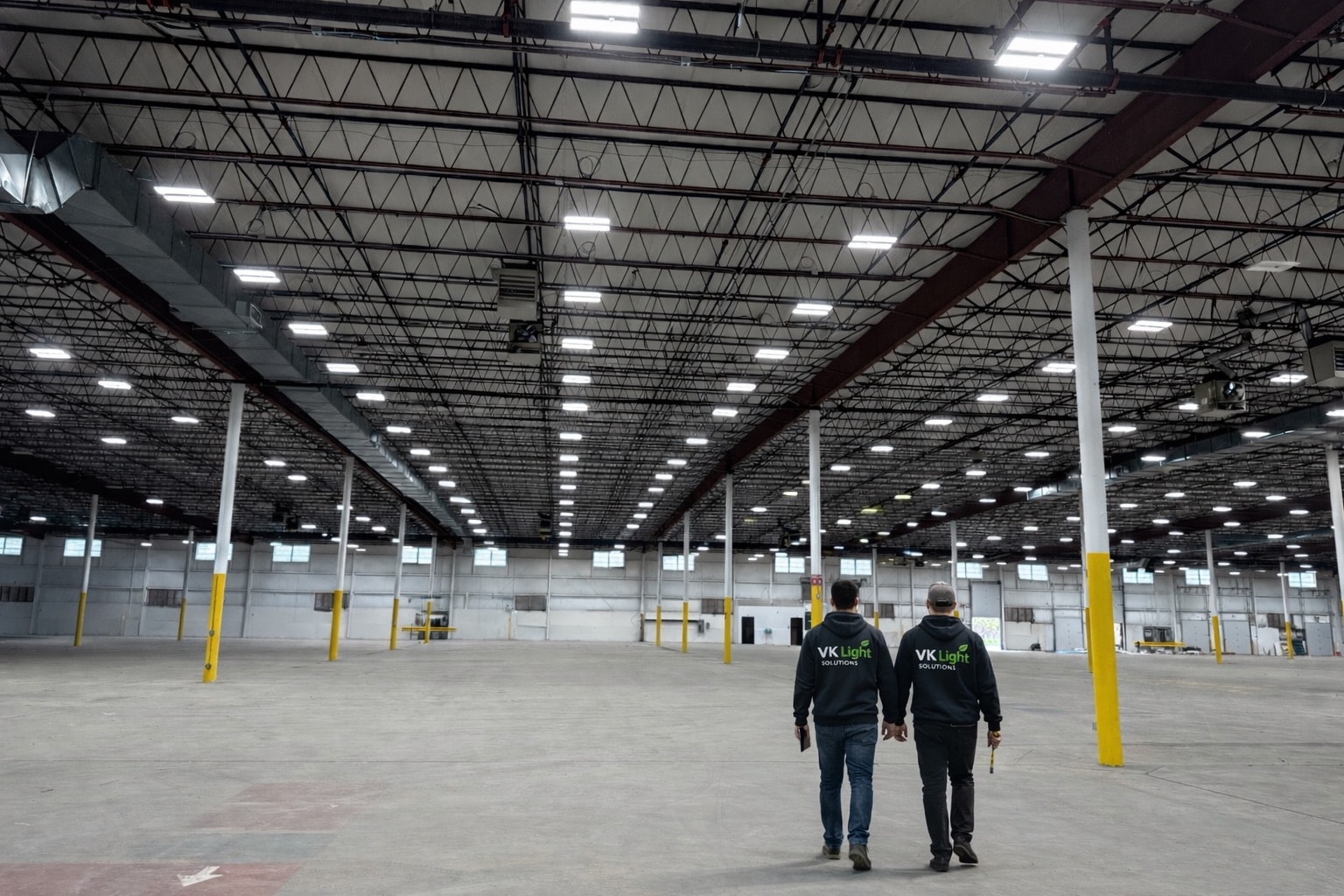 VK Light Solutions team on a commercial high-bay LED lighting installation across NY, NJ, CT, and PA